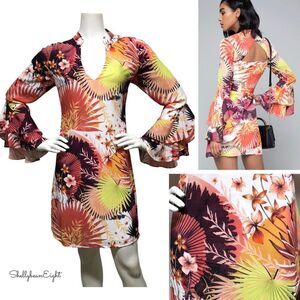 BEBE Natalie Royal Palm Ruffle CutOut Dress 8 NEW